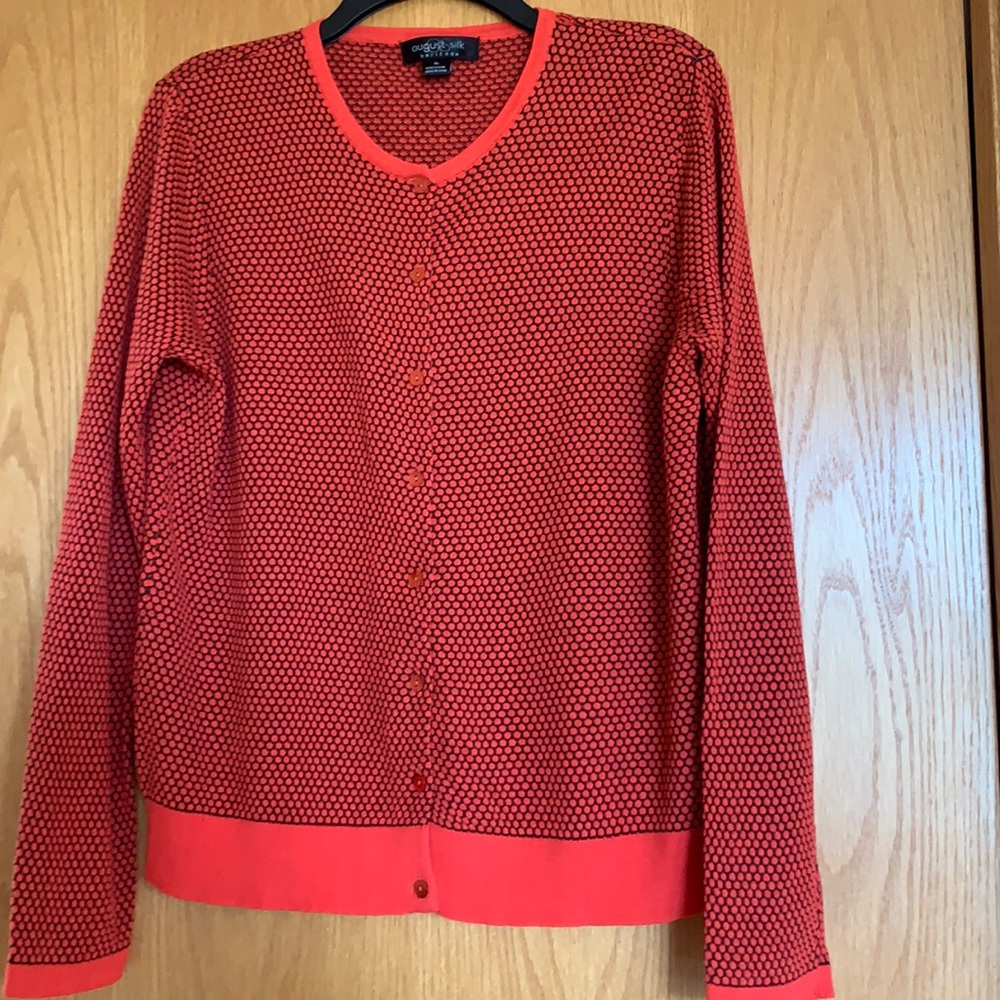 August Silk cardigan sweater.  Size  XL.  Orange and black.